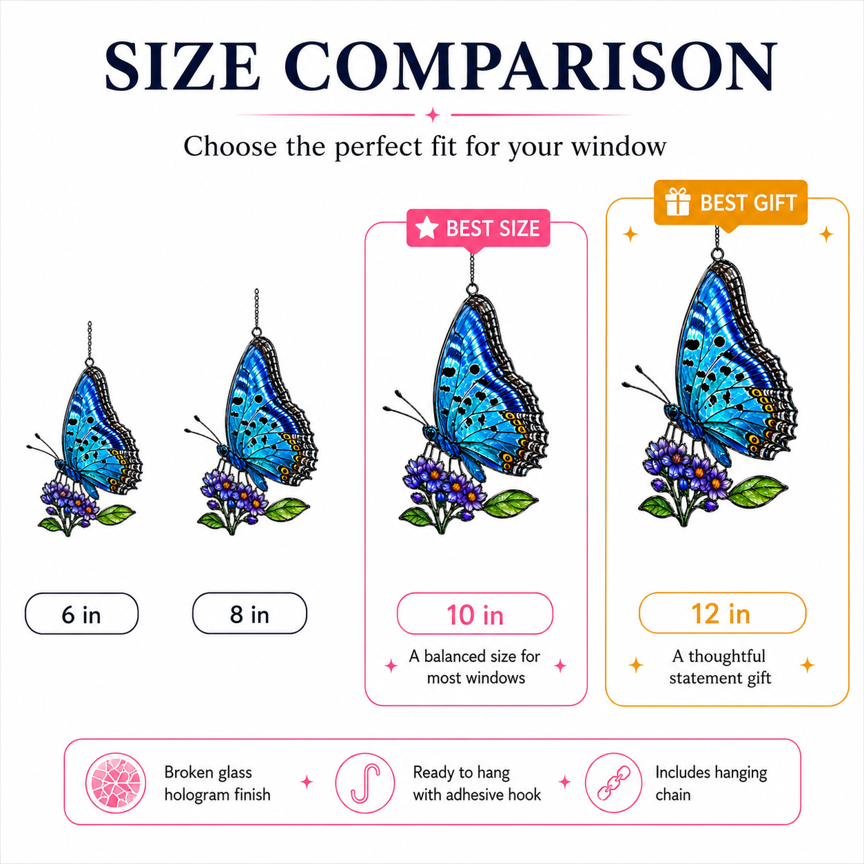 Blue butterfly lilac suncatcher size comparison 6 8 10 12 inch