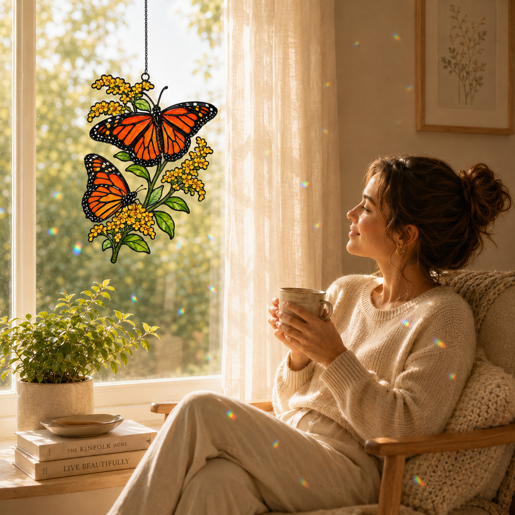 Monarch butterflies goldenrod suncatcher by a cozy reading window