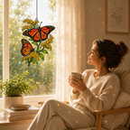 Monarch butterflies goldenrod suncatcher by a cozy reading window