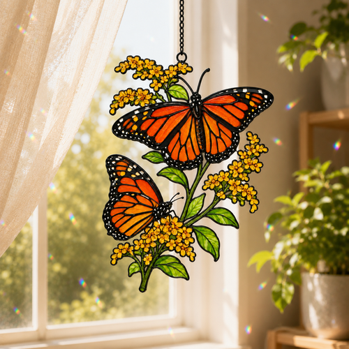 Monarch butterflies and golden goldenrod holographic acrylic suncatcher in a sunlit window