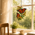 Monarch butterflies goldenrod suncatcher by a breakfast window