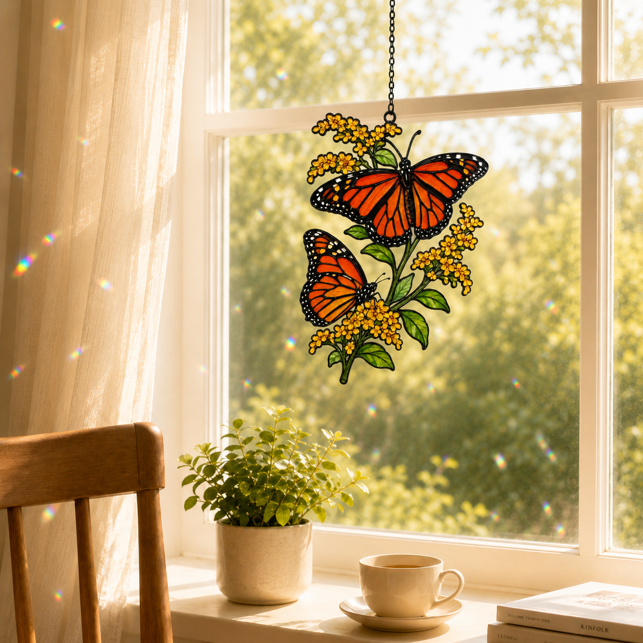 Monarch butterflies goldenrod suncatcher by a breakfast window