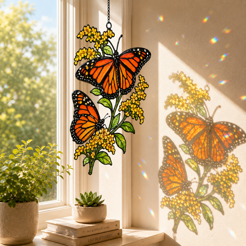 Monarch butterflies goldenrod suncatcher casting reflections on a window