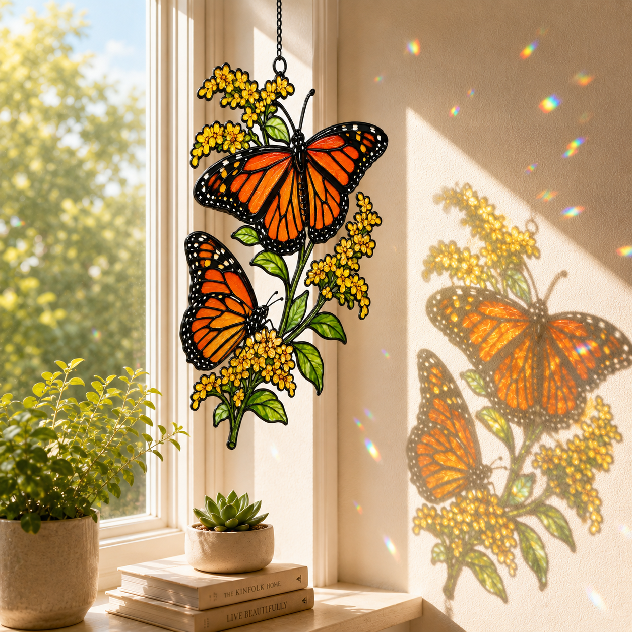 Monarch butterflies goldenrod suncatcher casting reflections on a window
