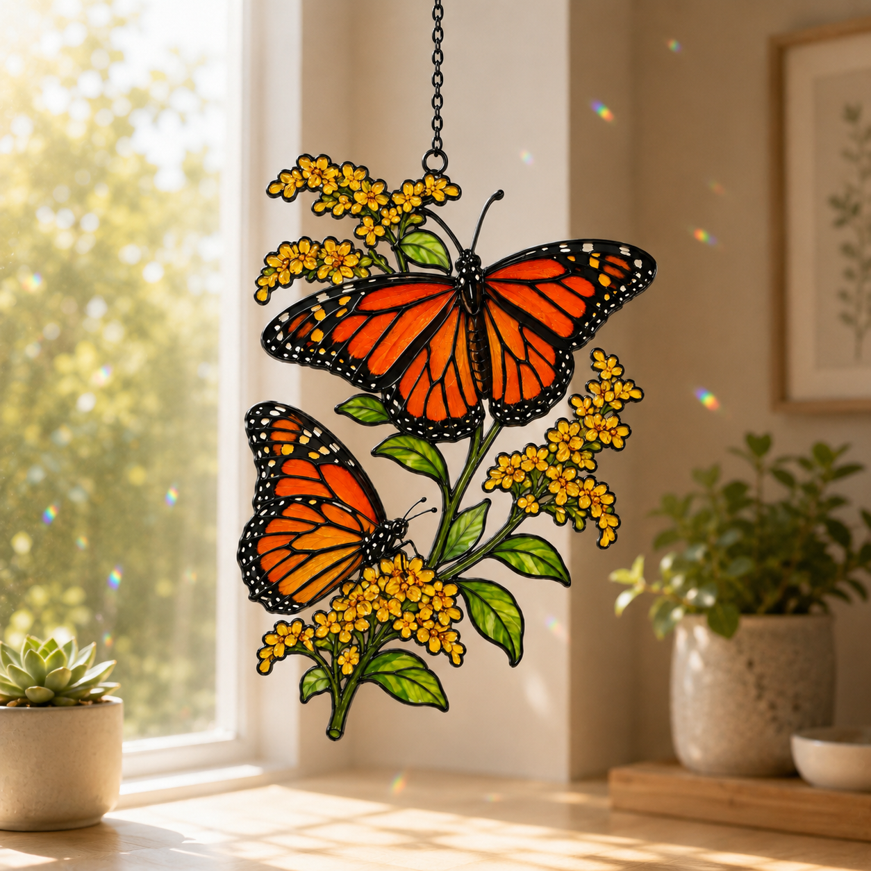 Monarch butterflies goldenrod suncatcher with rainbow sparkles