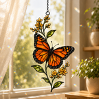 Monarch butterfly and yellow wildflower sprig holographic acrylic suncatcher in a sunlit window