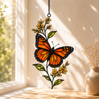 Monarch butterfly yellow wildflower suncatcher on a bright windowsill