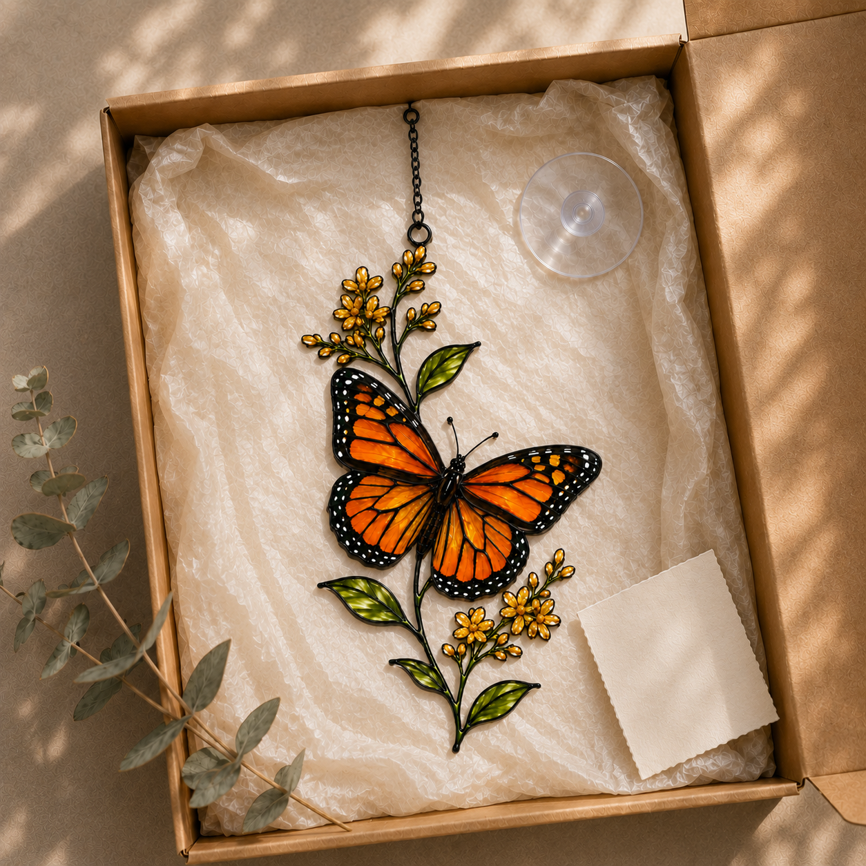 Monarch butterfly yellow wildflower suncatcher gift box packaging