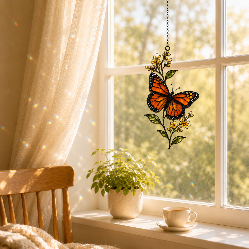 Monarch butterfly yellow wildflower suncatcher by a wooden chair window