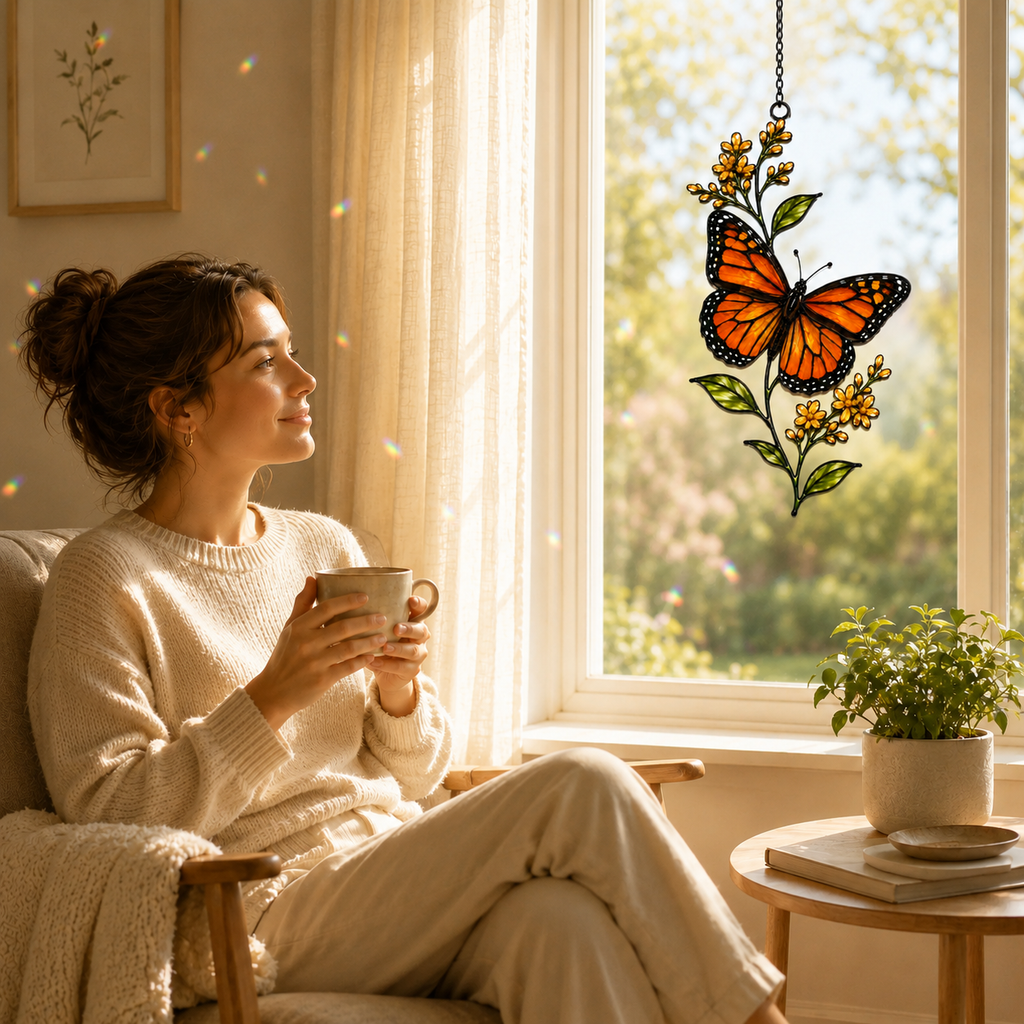Monarch butterfly yellow wildflower suncatcher by a cozy reading window