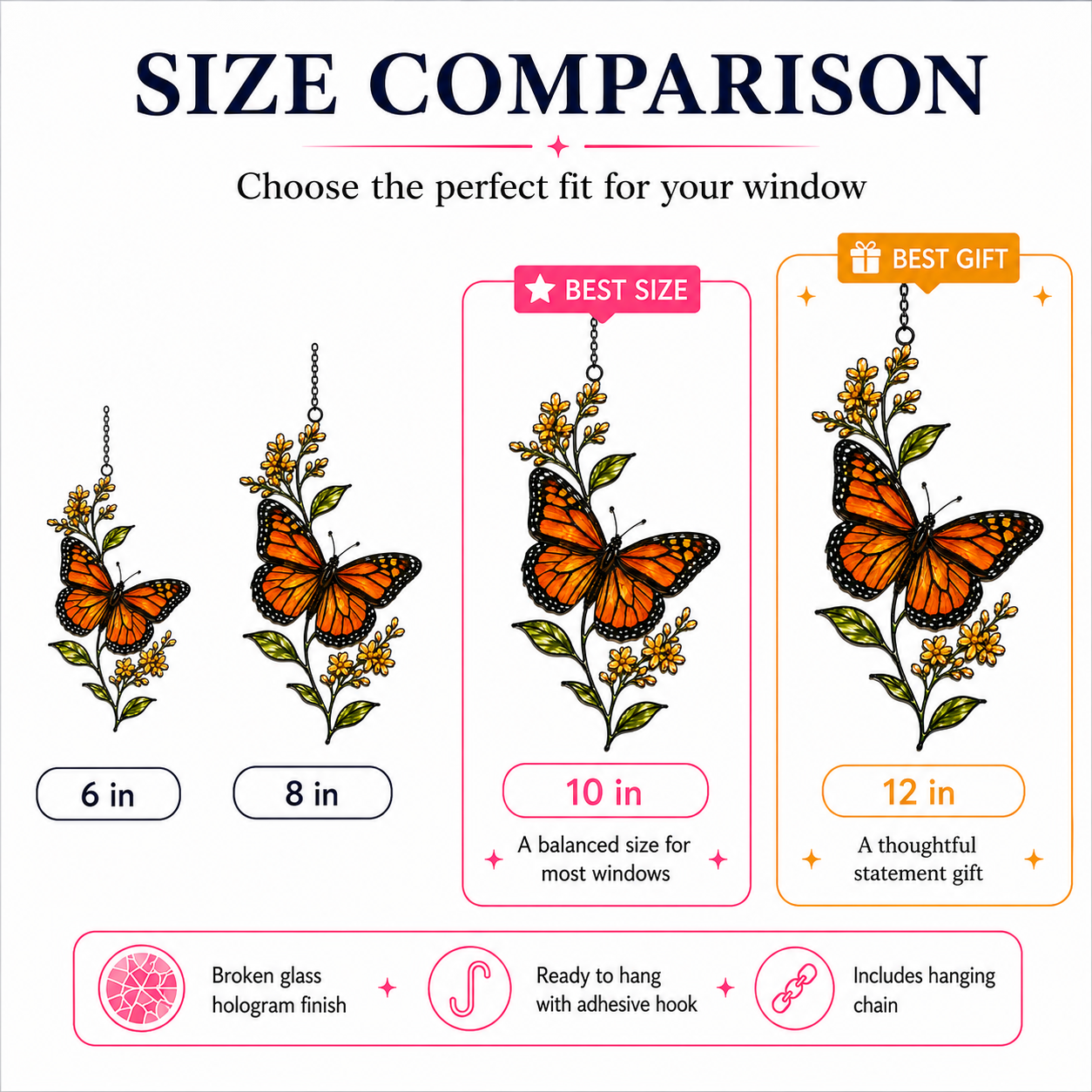 Monarch butterfly yellow wildflower suncatcher size comparison 6 8 10 12 inch