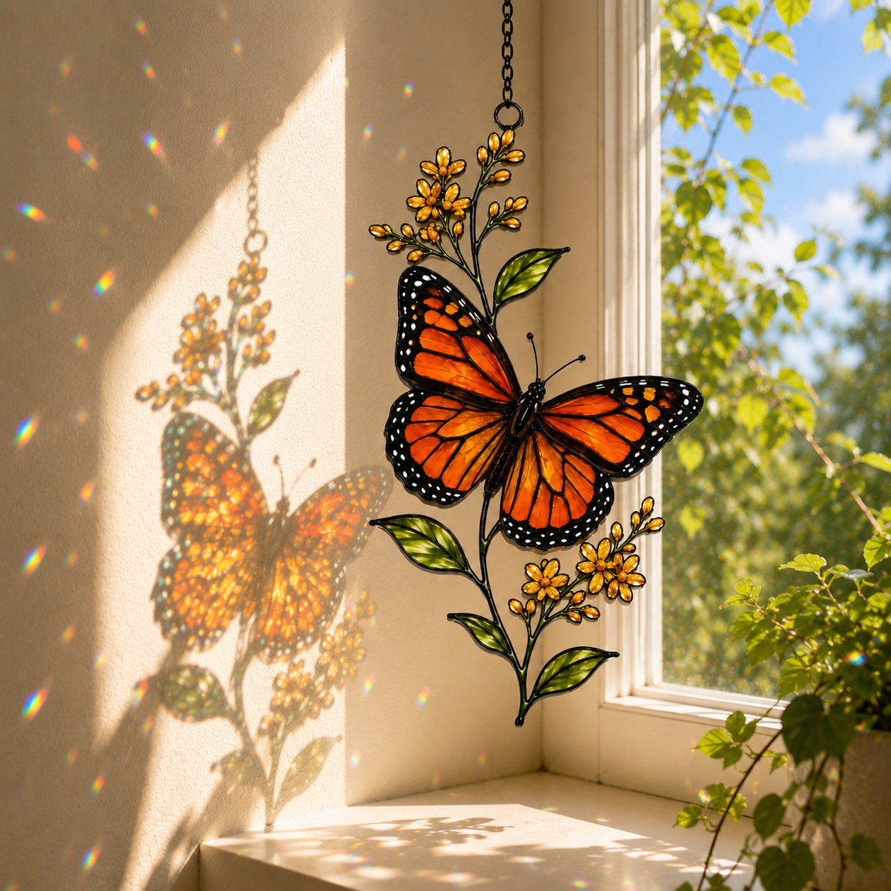 Monarch butterfly yellow wildflower suncatcher casting shadows with sunlight