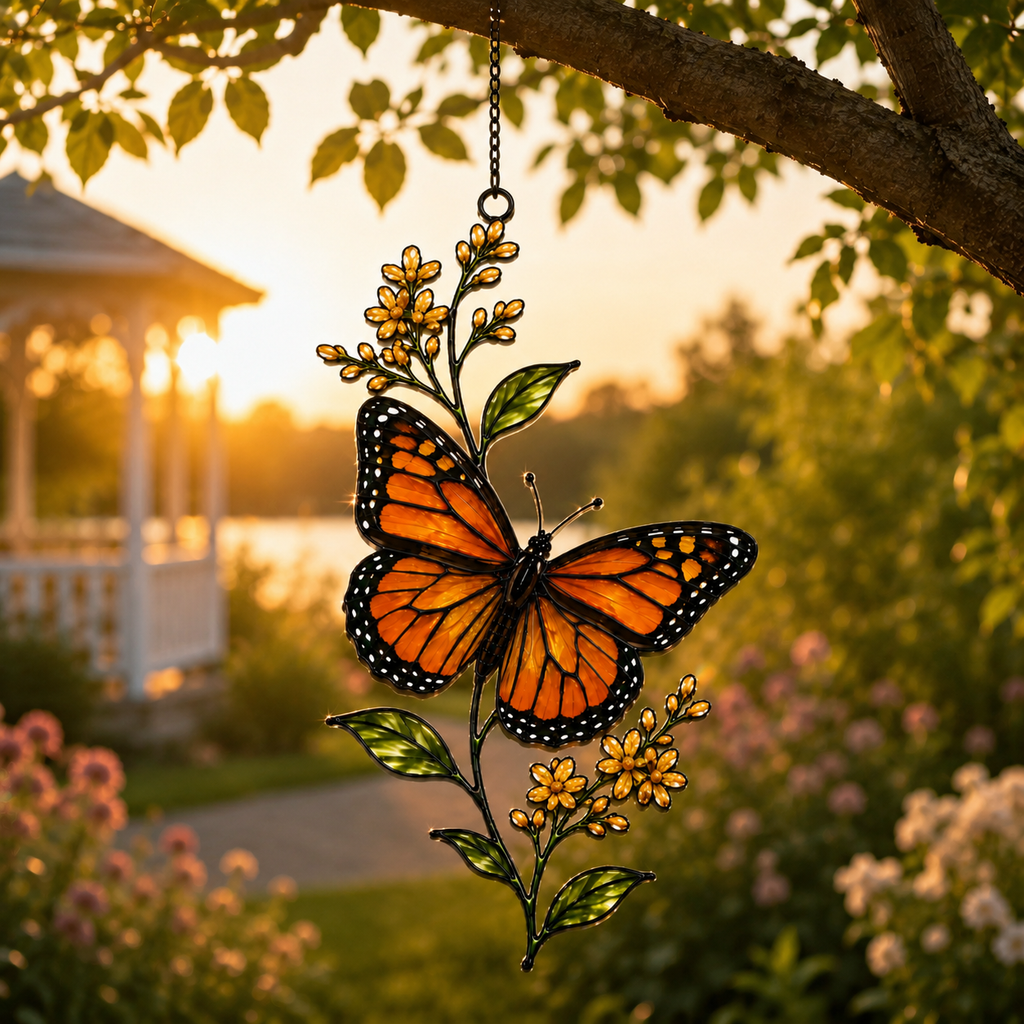 Monarch butterfly yellow wildflower suncatcher in a garden at golden hour