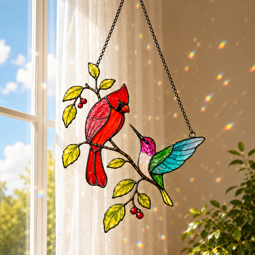Cardinal and hummingbird berry branch holographic acrylic suncatcher in a sunlit window