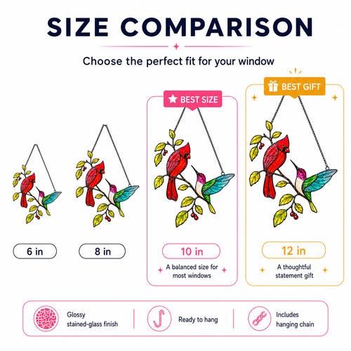 Cardinal and hummingbird suncatcher size comparison 6 8 10 12 inch