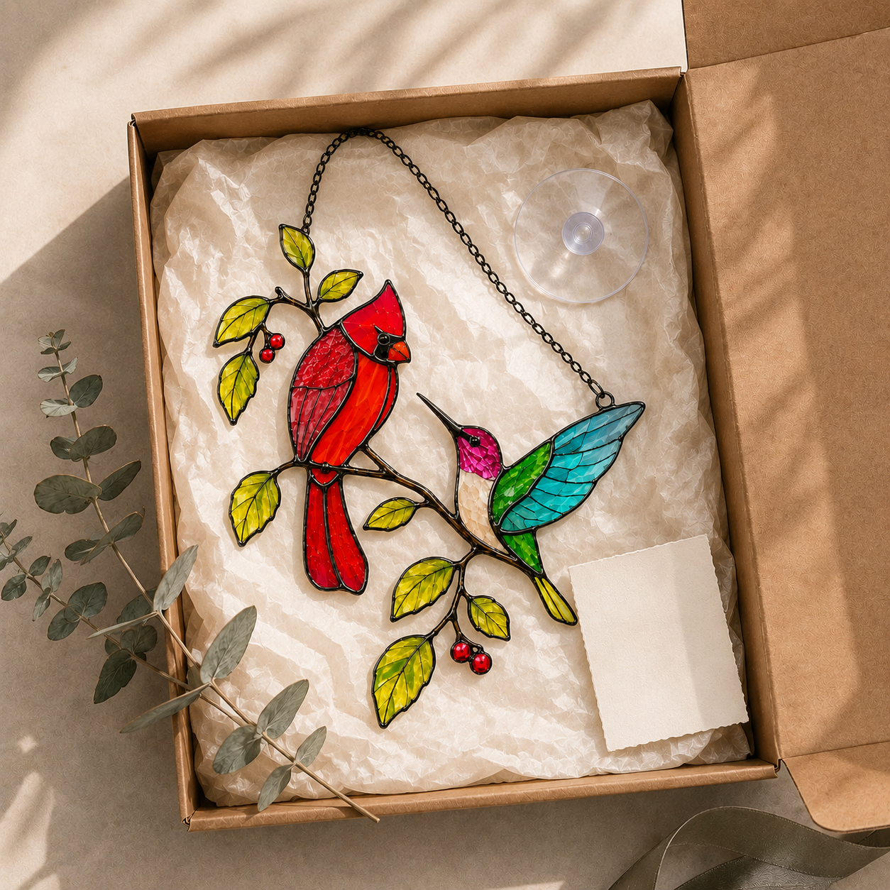 Cardinal and hummingbird suncatcher gift box packaging