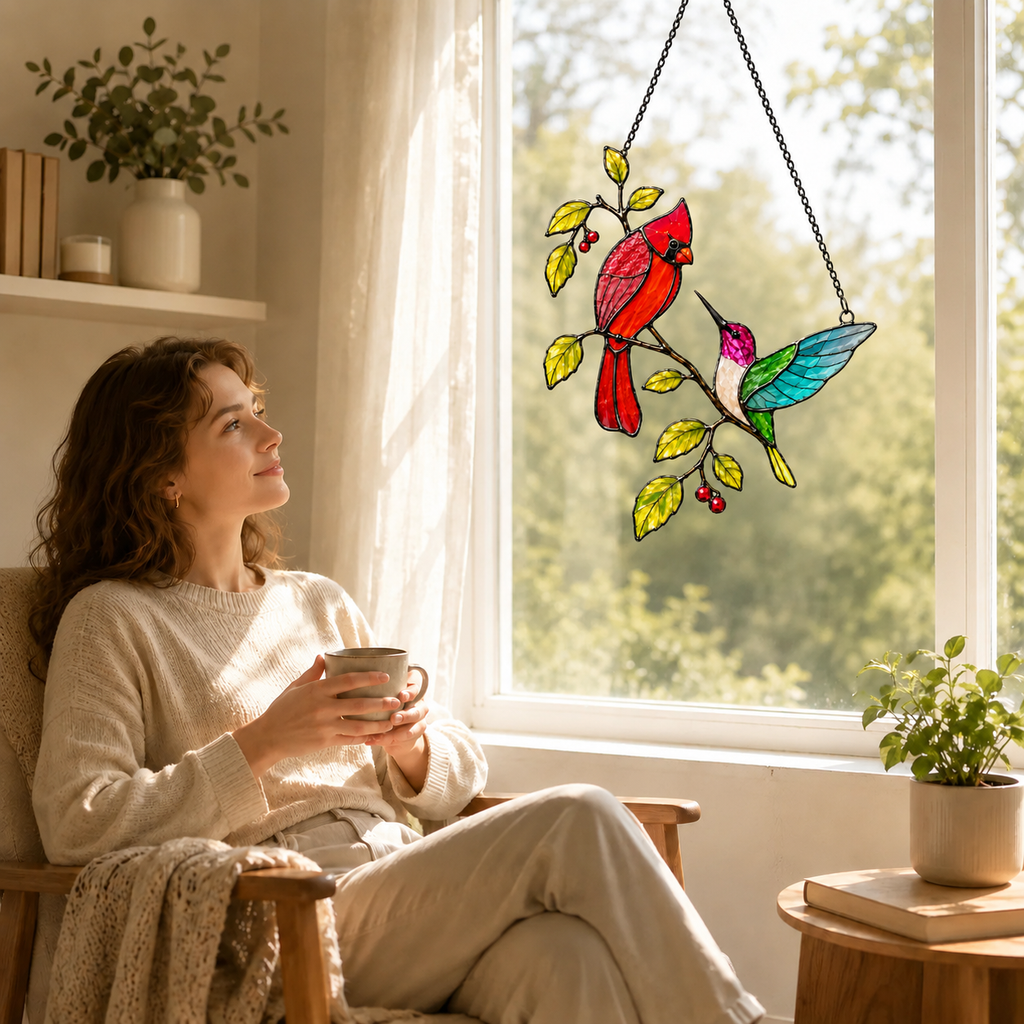 Cardinal and hummingbird suncatcher hanging by a cozy reading window