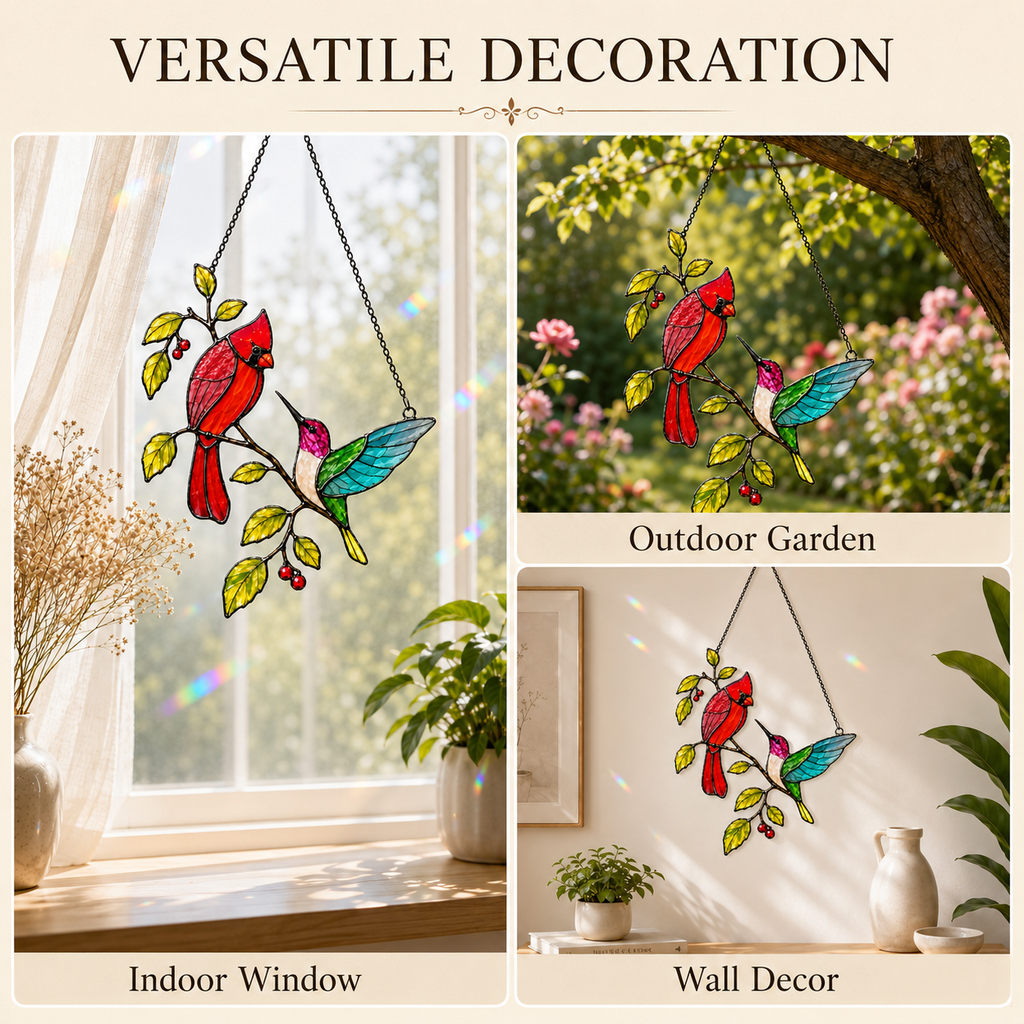Cardinal and hummingbird suncatcher versatile decoration indoor outdoor wall