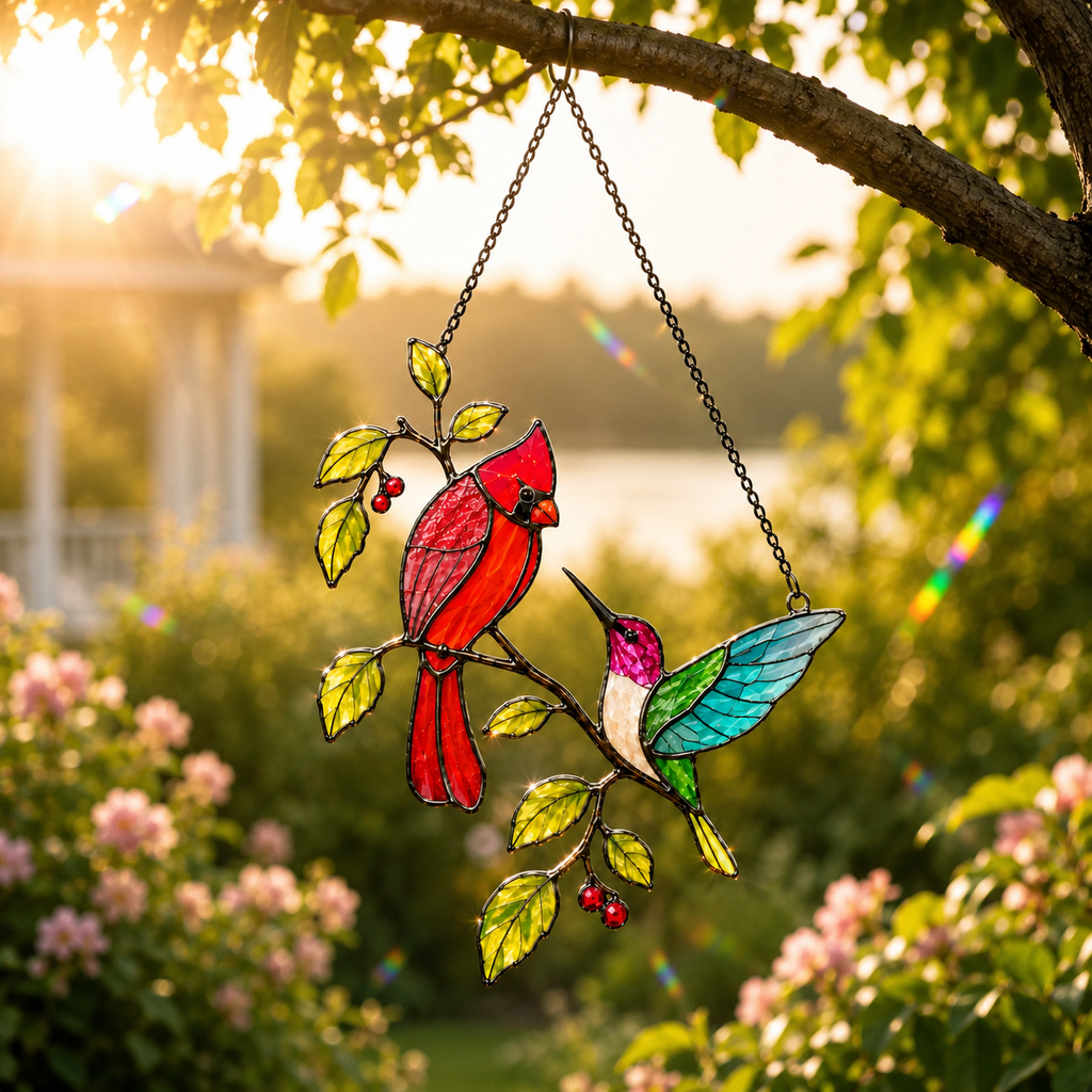 Cardinal and hummingbird suncatcher in a garden at golden hour