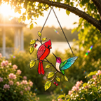 Cardinal and hummingbird suncatcher in a garden at golden hour