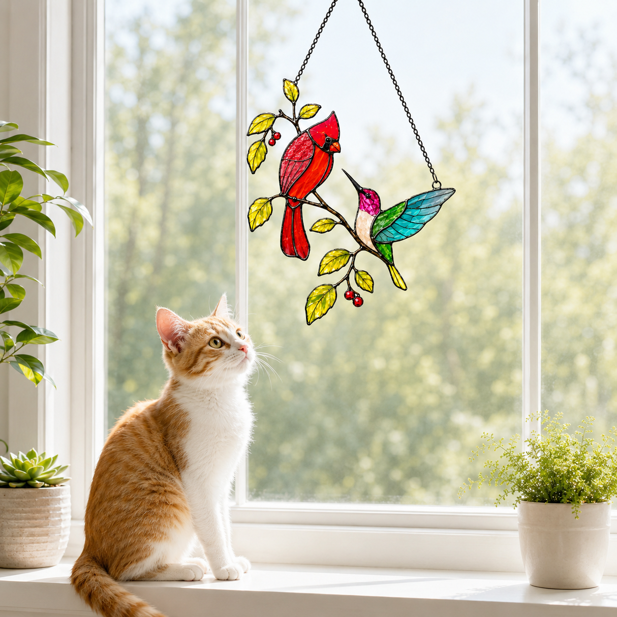 Cat admiring cardinal and hummingbird suncatcher on a windowsill