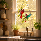 Cardinal and hummingbird suncatcher above a kitchen window