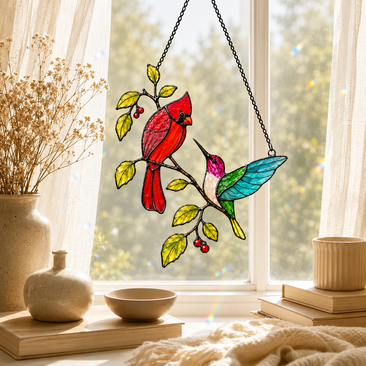 Cardinal and hummingbird suncatcher with rainbow light reflections