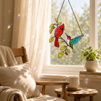 Cardinal and hummingbird suncatcher in a bright living room window