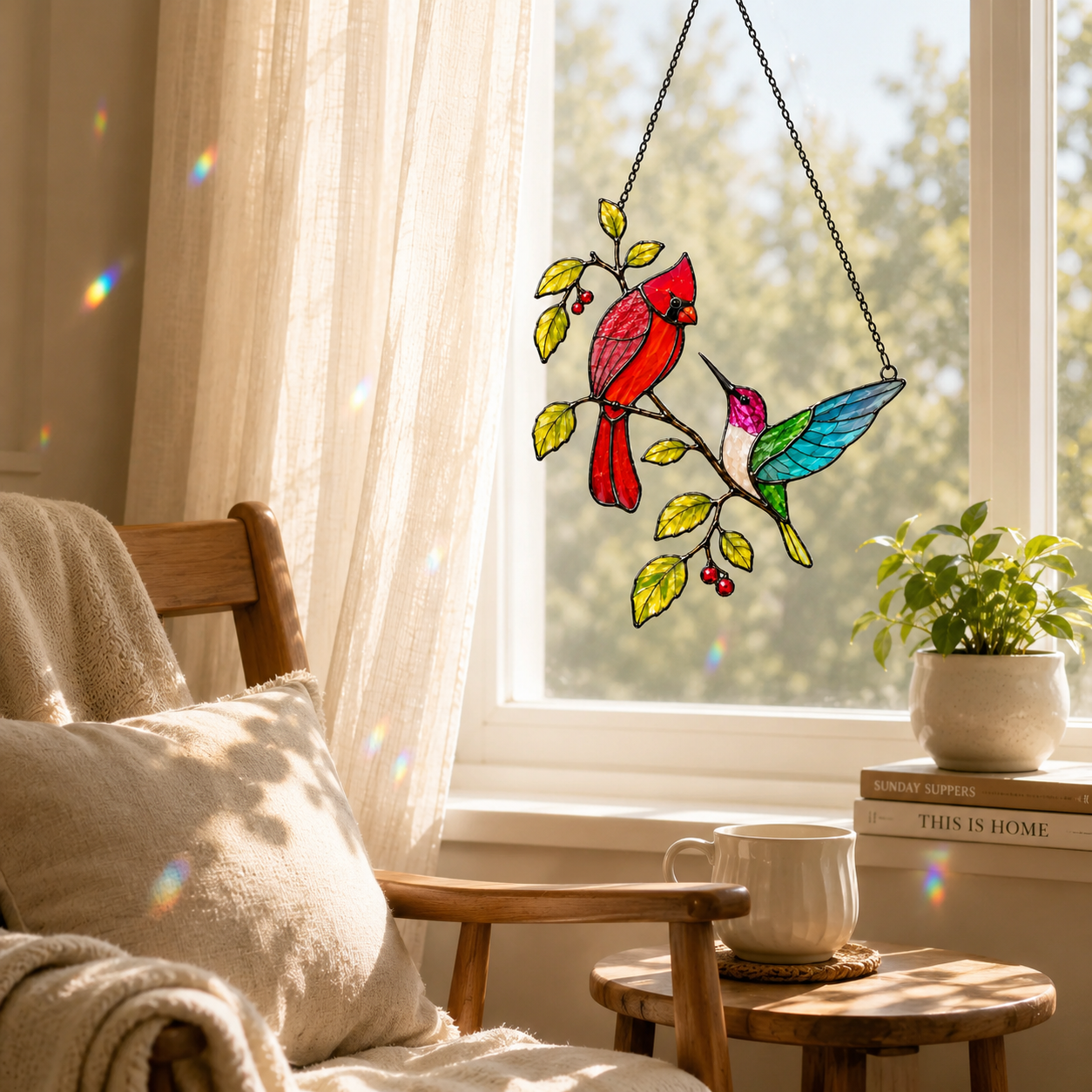 Cardinal and hummingbird suncatcher in a bright living room window