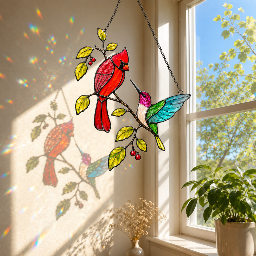 Cardinal and hummingbird suncatcher casting colorful shadows