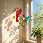 Cardinal and hummingbird suncatcher casting colorful shadows