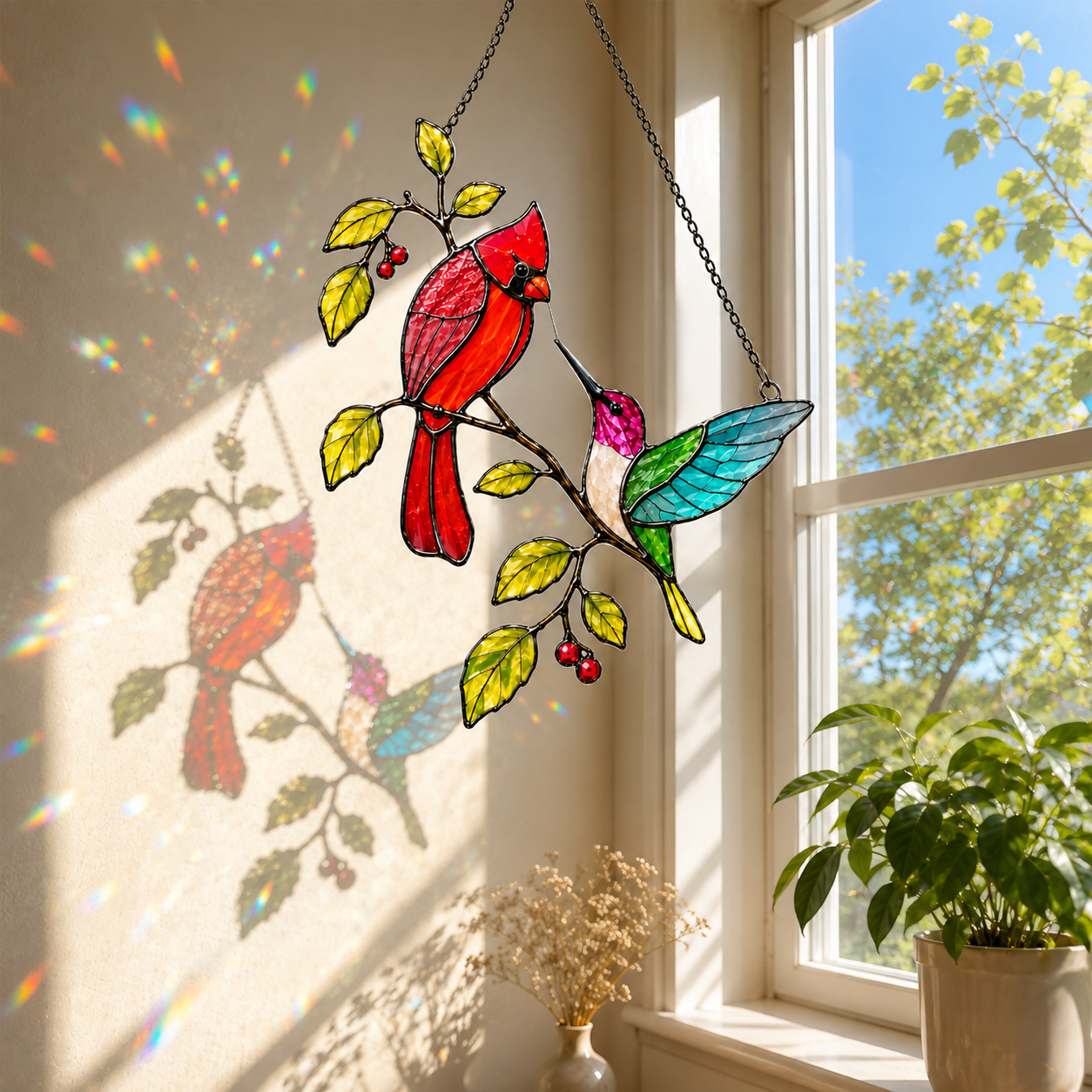Cardinal and hummingbird suncatcher casting colorful shadows