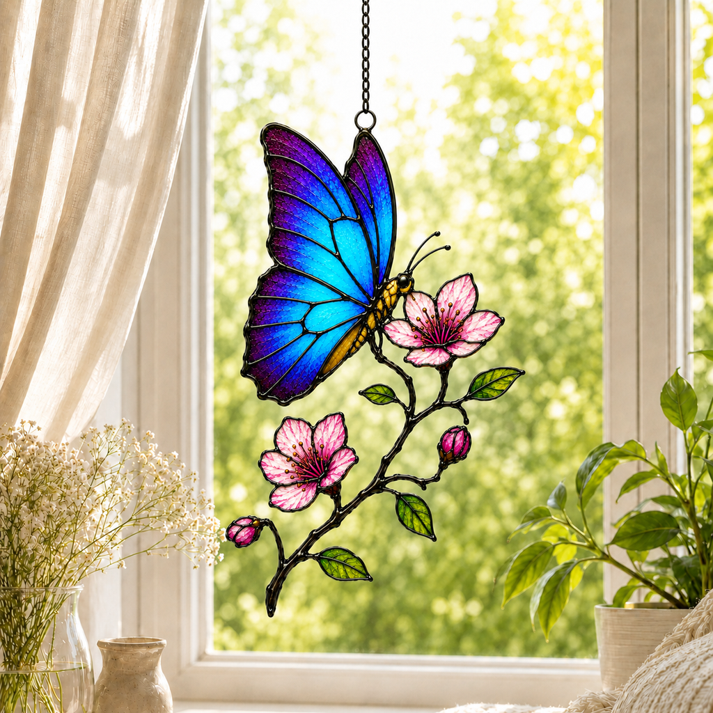 Blue morpho butterfly and pink blossom holographic acrylic suncatcher in a sunlit window