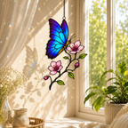 Blue morpho butterfly suncatcher with sunlight sparkles