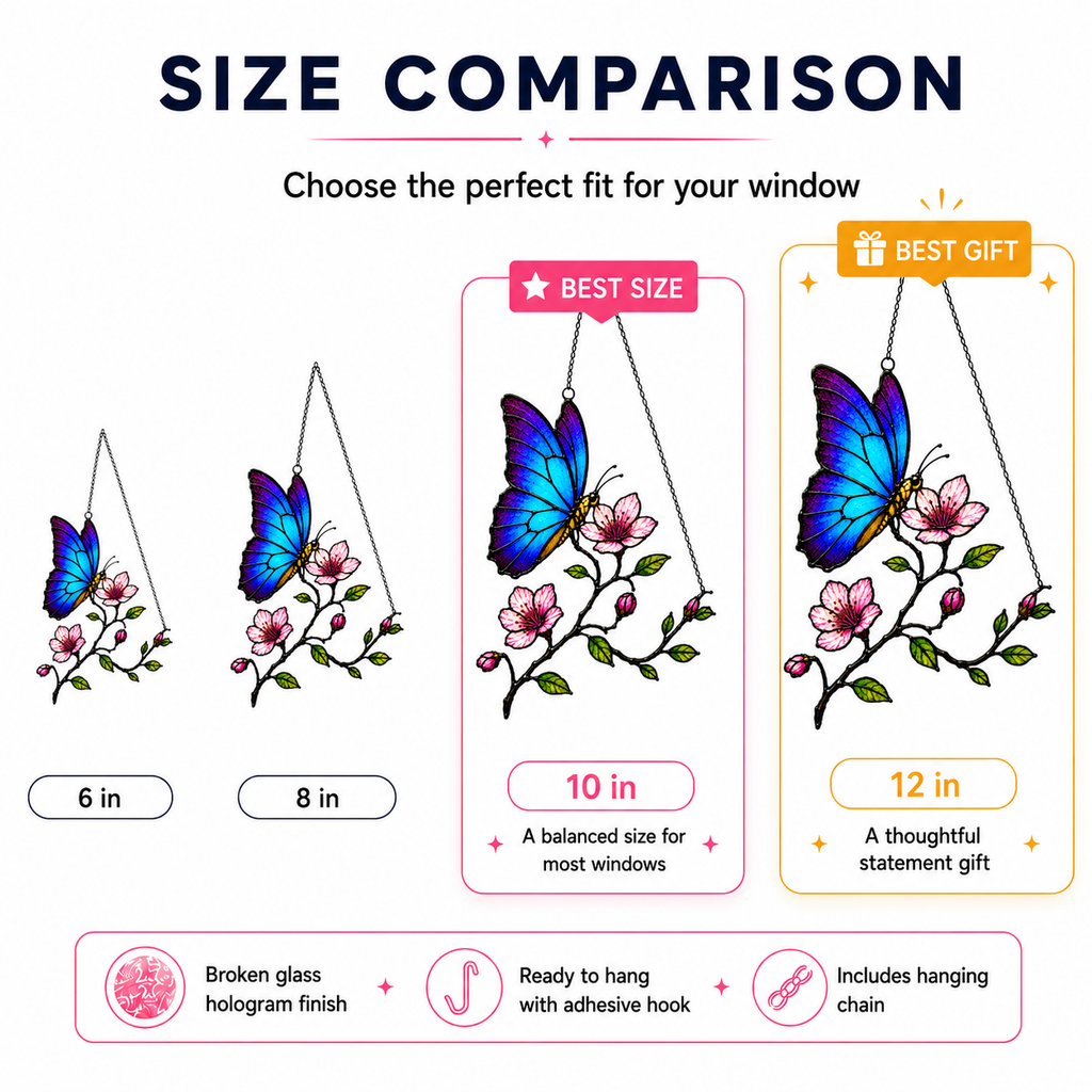 Blue morpho butterfly suncatcher size comparison 6 8 10 12 inch