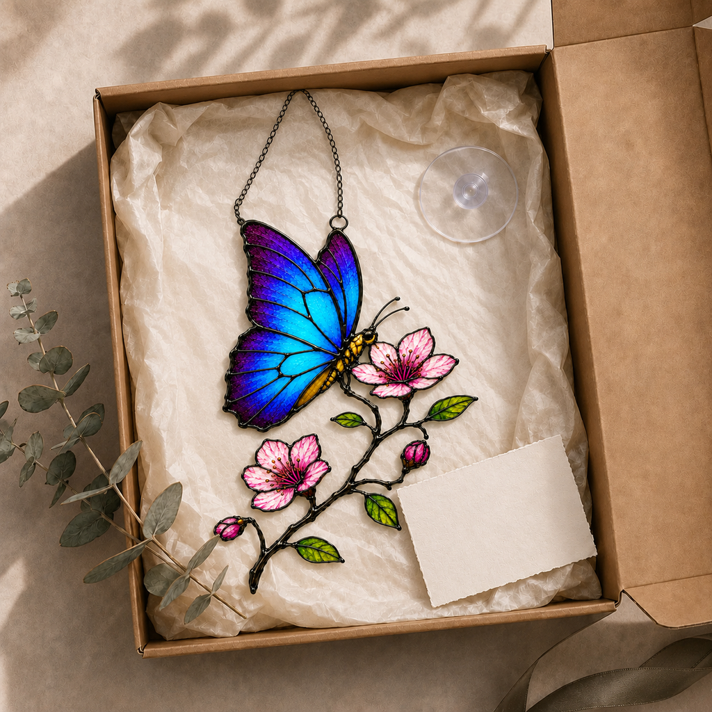 Blue morpho butterfly suncatcher gift box packaging