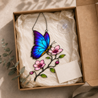 Blue morpho butterfly suncatcher gift box packaging