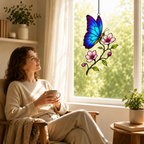 Blue morpho butterfly suncatcher by a cozy reading window