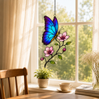 Blue morpho butterfly suncatcher above a dining window