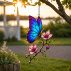 Blue morpho butterfly suncatcher in a garden at sunset