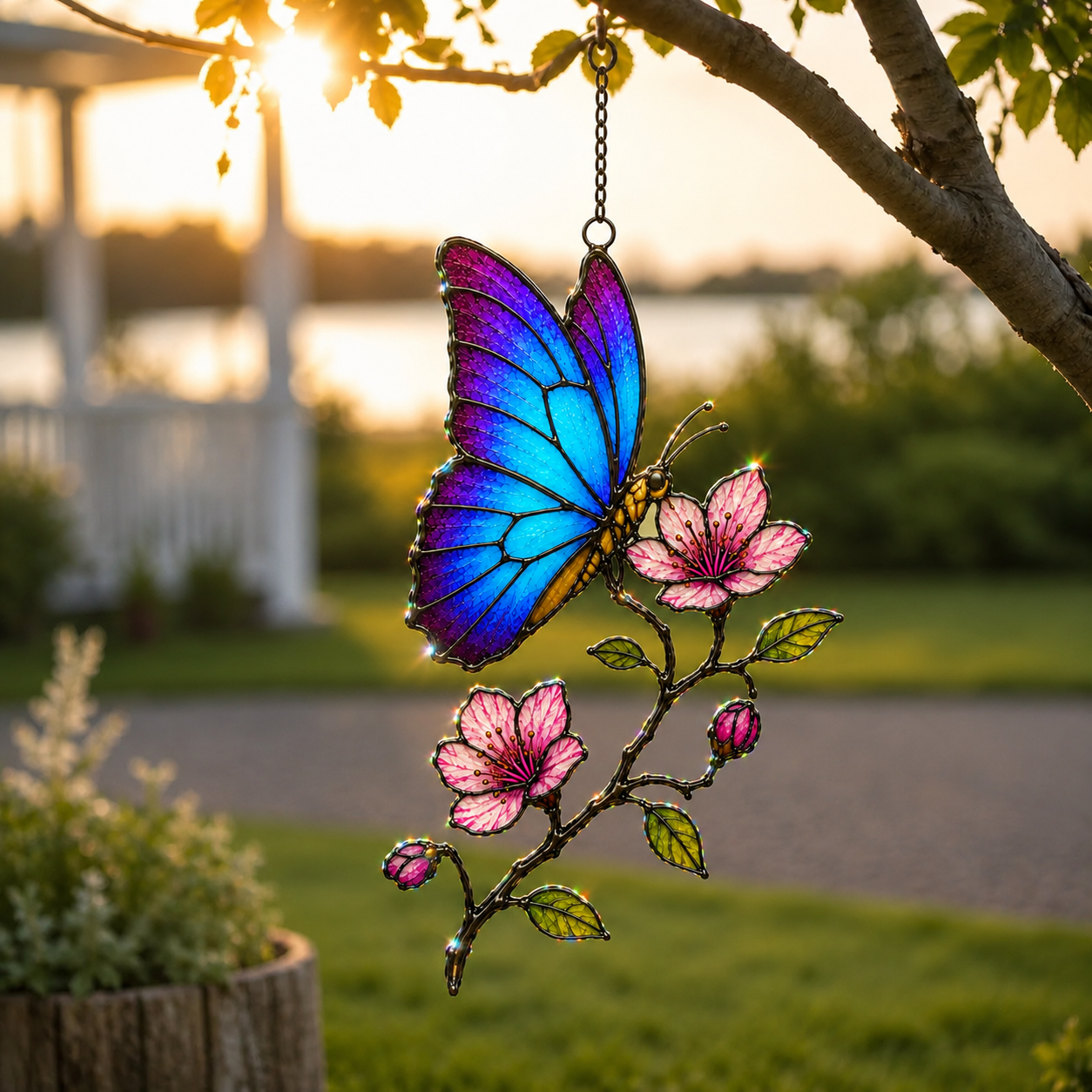 Blue morpho butterfly suncatcher in a garden at sunset