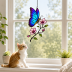 Cat admiring blue morpho butterfly suncatcher on a windowsill