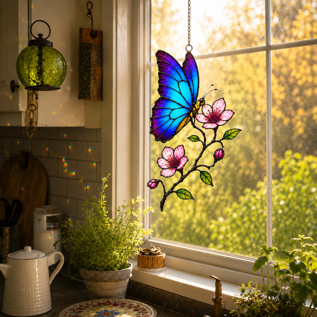Blue morpho butterfly suncatcher in a kitchen window