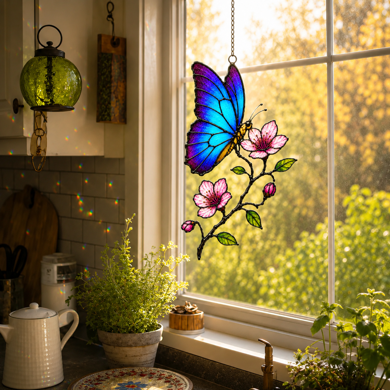 Blue morpho butterfly suncatcher in a kitchen window