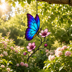 Blue morpho butterfly suncatcher in a lush garden