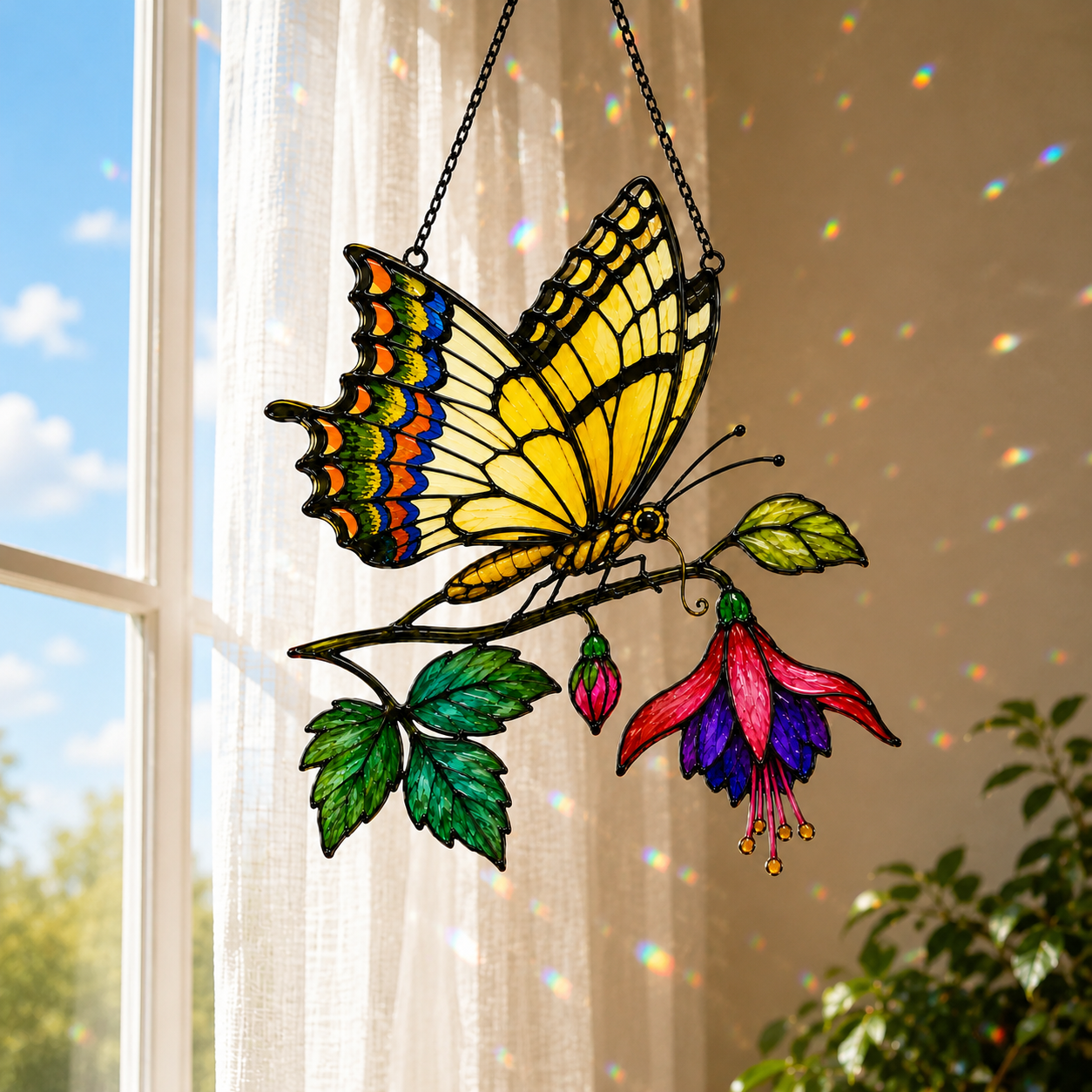 Swallowtail butterfly fuchsia suncatcher in a sunlit window