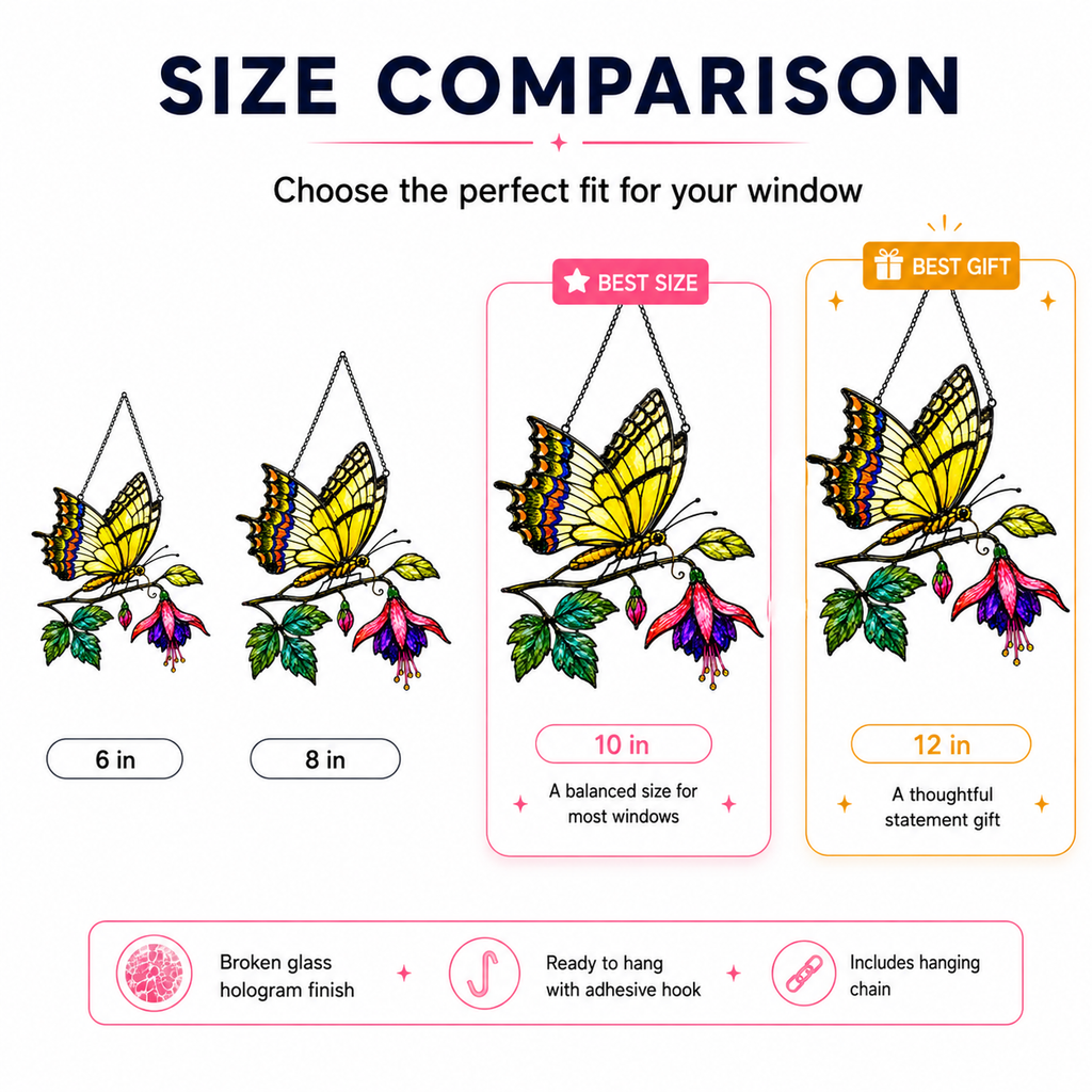 Swallowtail butterfly fuchsia suncatcher size comparison 6 8 10 12 inch