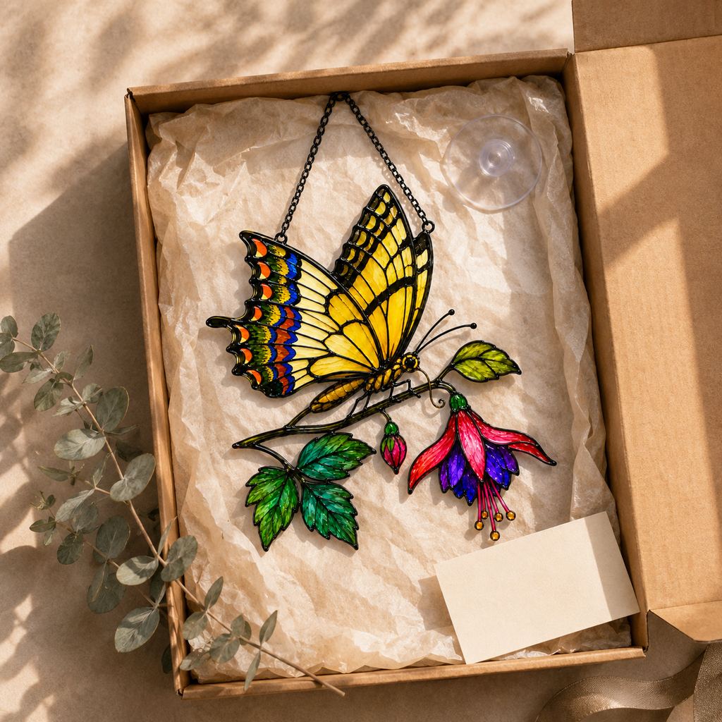 Swallowtail butterfly fuchsia suncatcher gift box packaging
