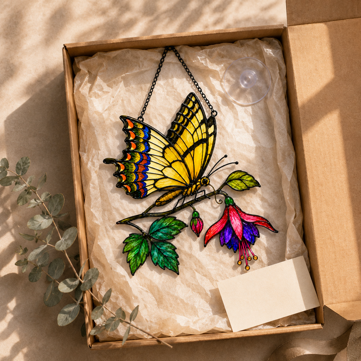 Swallowtail butterfly fuchsia suncatcher gift box packaging