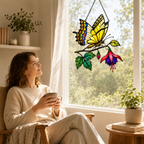 Swallowtail butterfly fuchsia suncatcher by a cozy reading window